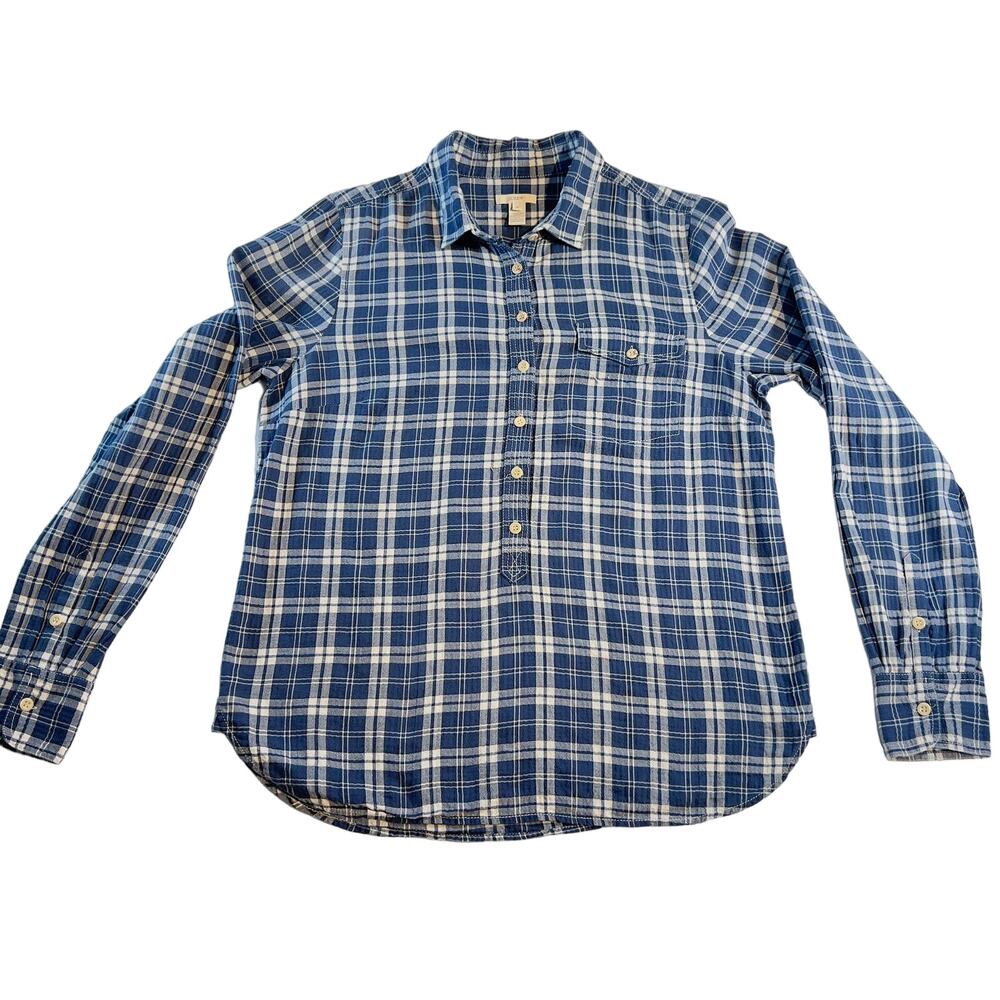 J. Crew Flannel Button Shirt Woman M Blue White Check Secure Pocket Snuggle Cozy